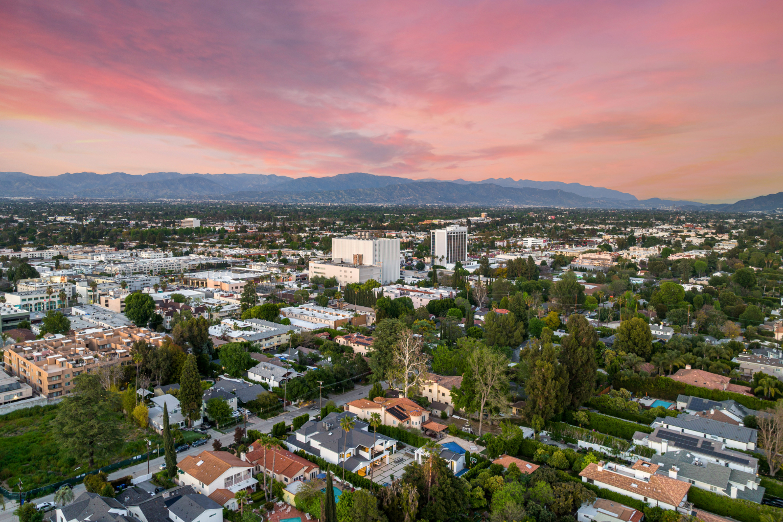 Aerial view of a residential area in Los Angeles during sunset